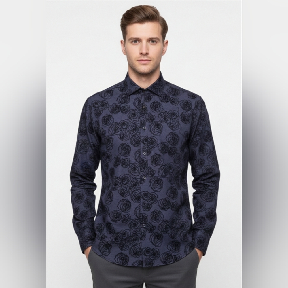 Visconti Black Floral Patterned Men's Shirt M